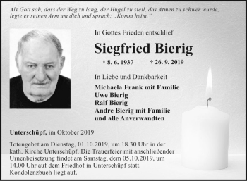 Traueranzeige von Siegfried Bierig von Fränkische Nachrichten