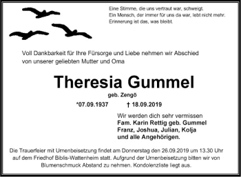 Traueranzeige von Theresia Gummel von Südhessen Morgen