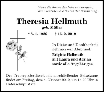 Traueranzeige von Theresia Hellmuth von Fränkische Nachrichten