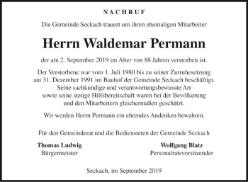 Traueranzeige von Waldemar Permann von Fränkische Nachrichten