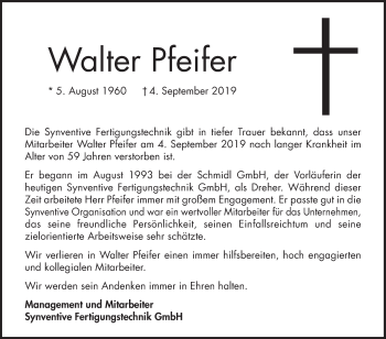 Traueranzeige von Walter Pfeifer 