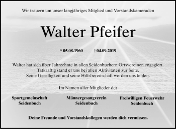 Traueranzeige von Walter Pfeifer von Bergsträßer Anzeiger