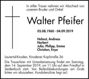 Traueranzeige von Walter Pfeifer von Bergsträßer Anzeiger