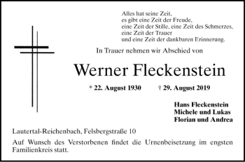 Traueranzeige von Werner Fleckenstein von Bergsträßer Anzeiger