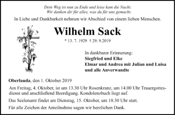 Traueranzeige von Wilhelm Sack von Fränkische Nachrichten