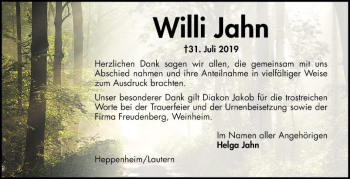 Traueranzeige von Willi Jahn von Bergsträßer Anzeiger