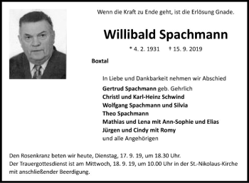 Traueranzeige von Willibald Spachmann von Fränkische Nachrichten