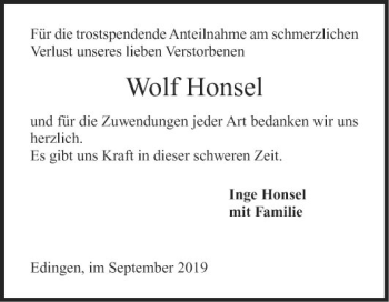 Traueranzeige von Wolf Honsel 