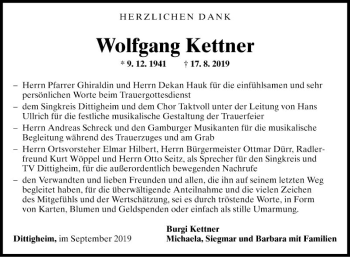 Traueranzeige von Wolfgang Kettner von Fränkische Nachrichten