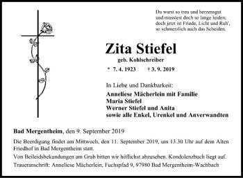 Traueranzeige von Zita Stiefel von Fränkische Nachrichten