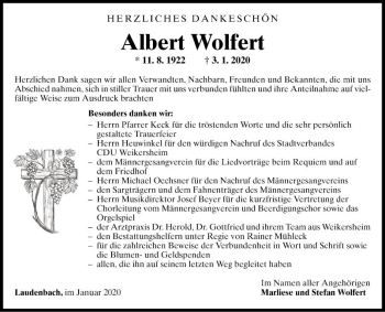 Traueranzeige von Albert Wolfert von Fränkische Nachrichten