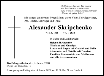 Traueranzeige von Alexander Skripchenko von Fränkische Nachrichten