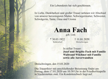 Traueranzeige von Anna Fach von Fränkische Nachrichten