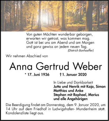 Traueranzeige von Anna Gertrud Weber von Mannheimer Morgen