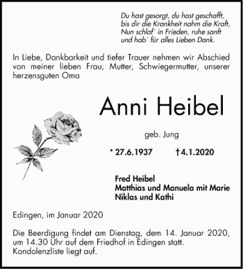 Traueranzeige von Anne Heibel von Mannheimer Morgen