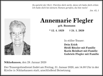 Traueranzeige von Annemarie Flegler von Fränkische Nachrichten