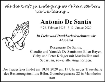 Traueranzeige von Antonio De Santis von Mannheimer Morgen