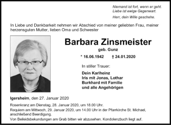 Traueranzeige von Barbara Zinsmeister von Fränkische Nachrichten