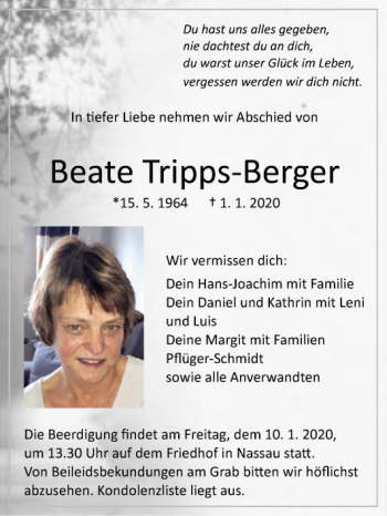 Traueranzeige von Beate Tripps-Berger von Fränkische Nachrichten