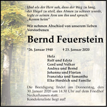 Traueranzeige von Bernd Feuerstein von Mannheimer Morgen