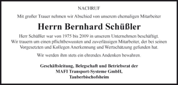 Traueranzeige von Bernhard Schüßler von Fränkische Nachrichten