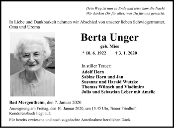 Traueranzeige von Berta Unger von Fränkische Nachrichten