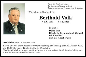 Traueranzeige von Berthold Volk von Fränkische Nachrichten