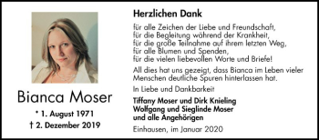 Traueranzeige von Bianca Moser von Bergsträßer Anzeiger