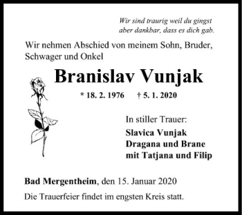 Traueranzeige von Branislav Vunjak von Fränkische Nachrichten