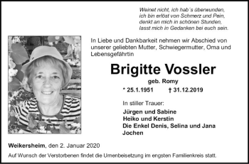 Traueranzeige von Brigitte Vossler von Fränkische Nachrichten