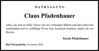 Traueranzeige von Claus Pfadenhauer von Fränkische Nachrichten