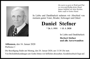 Traueranzeige von Daniel Stefner von Fränkische Nachrichten