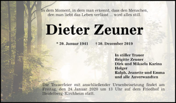 Traueranzeige von Dieter Zeuner von Schwetzinger Zeitung