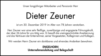 Traueranzeige von Dieter Zeuner von Mannheimer Morgen