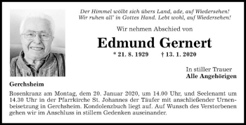 Traueranzeige von Edmund Gernert von Fränkische Nachrichten