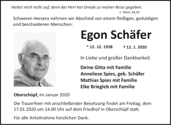 Traueranzeige von Egon Schäfer von Fränkische Nachrichten