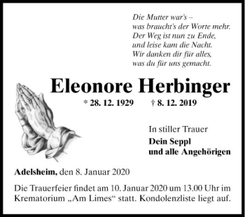 Traueranzeige von Eleonore Herbinger von Fränkische Nachrichten