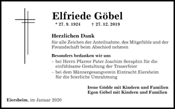 Traueranzeige von Elfriede Göbel von Fränkische Nachrichten