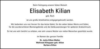 Traueranzeige von Elisabeth Kilian von Bergsträßer Anzeiger