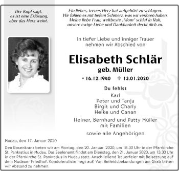 Traueranzeige von Elisabeth Schlär von Fränkische Nachrichten