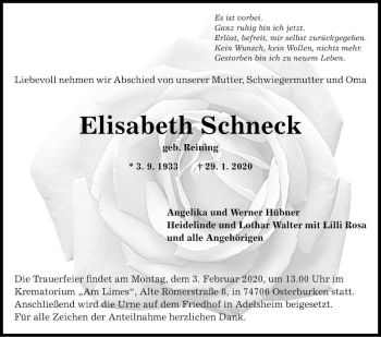 Traueranzeige von Elisabeth Schneck von Fränkische Nachrichten