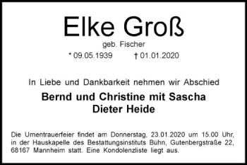 Traueranzeige von Elke Groß von Mannheimer Morgen