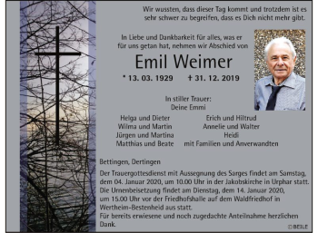 Traueranzeige von Emil Weimer von Fränkische Nachrichten