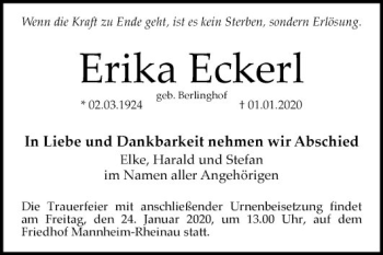 Traueranzeige von Erika Eckerl von Mannheimer Morgen