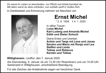 Traueranzeige von Ernst Michel von Fränkische Nachrichten