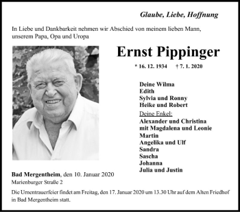 Traueranzeige von Ernst Pippinger von Fränkische Nachrichten