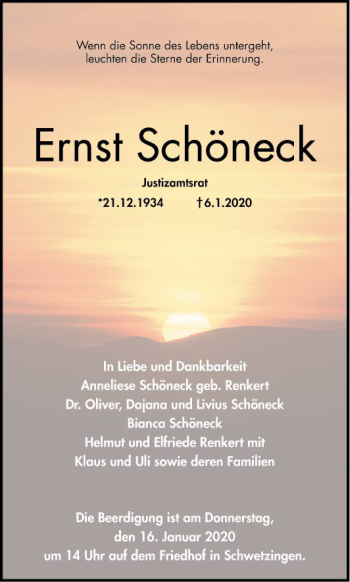 Traueranzeige von Ernst Schöneck von Schwetzinger Zeitung