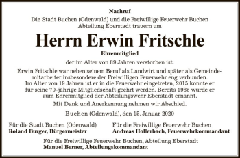 Traueranzeige von Erwin Fritschle von Fränkische Nachrichten