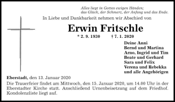 Traueranzeige von Erwin Fritschle von Fränkische Nachrichten