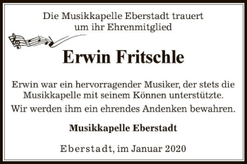 Traueranzeige von Erwin Fritschle von Fränkische Nachrichten